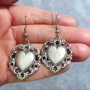 VINTAGE FILIGREE HEART SILVER-TONE DROP DANGLE HOOK 2.1" EARRINGS